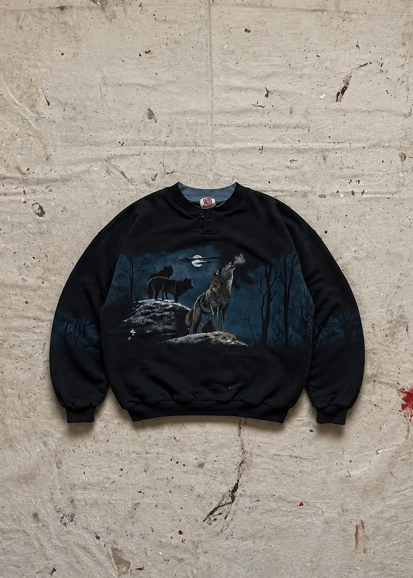 1990s Midnight Wolf All-Over Print Henley Sweatshirt