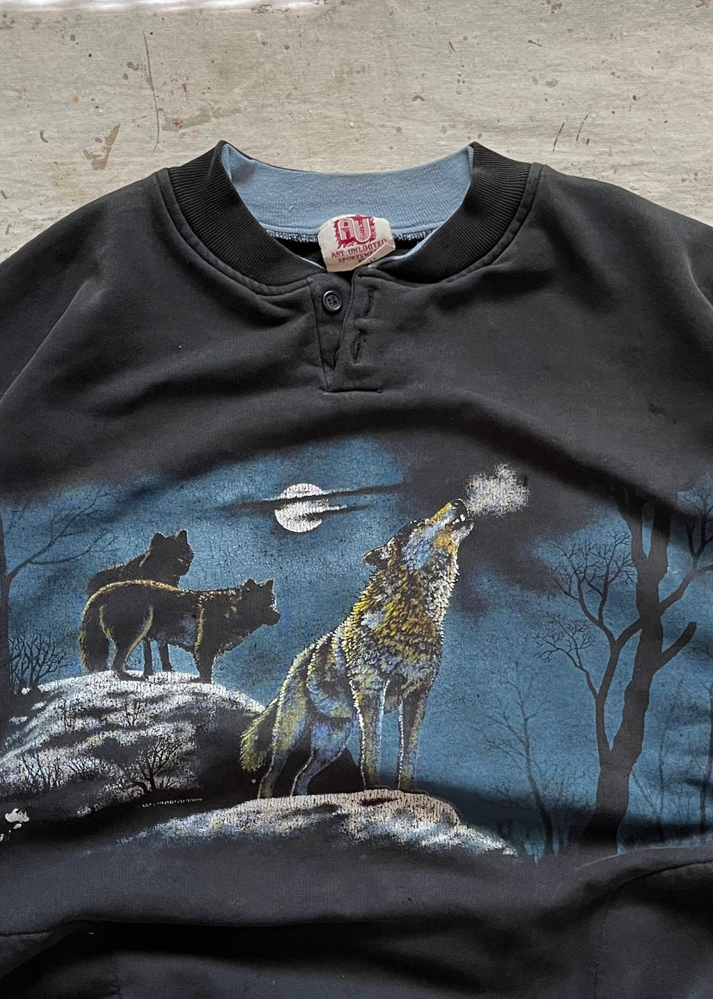 1990s Midnight Wolf All-Over Print Henley Sweatshirt
