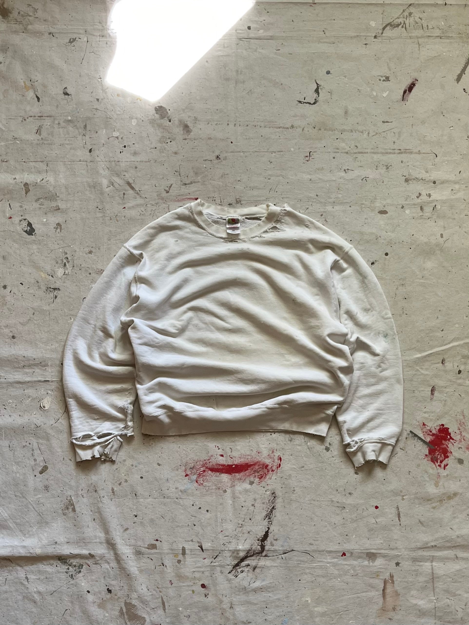 1990s Thrashed Distressed Blank Off White Sweatshirt - XL