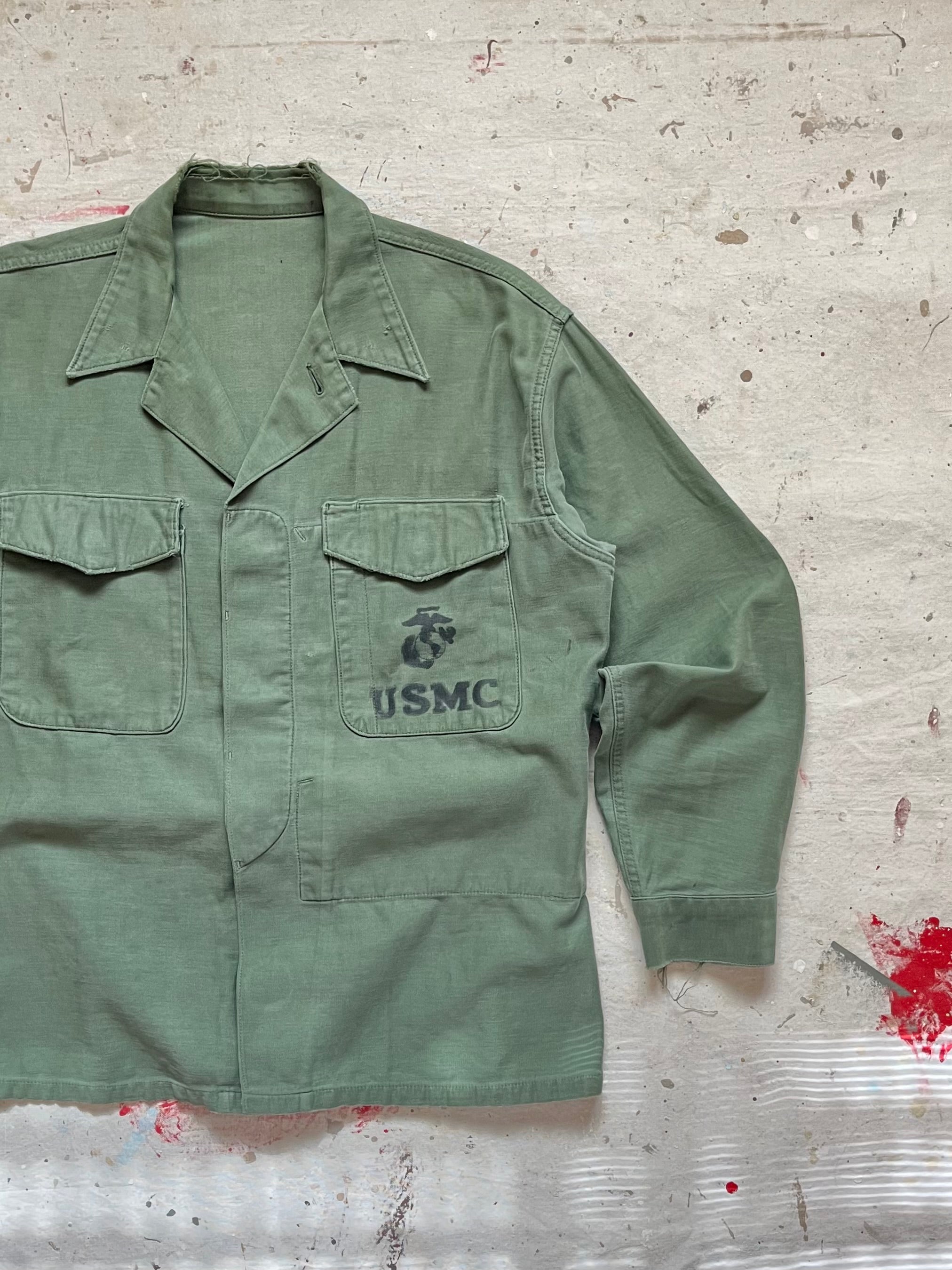 1960s Vietnam War USMC OG-107 Cotton Sateen Utility Shirt - EGA Stencil - L