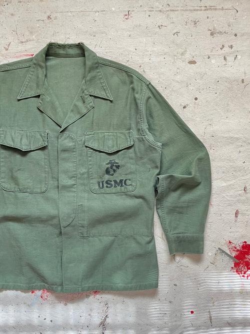 1960s Vietnam War USMC OG-107 Cotton Sateen Utility Shirt - EGA Stencil - L
