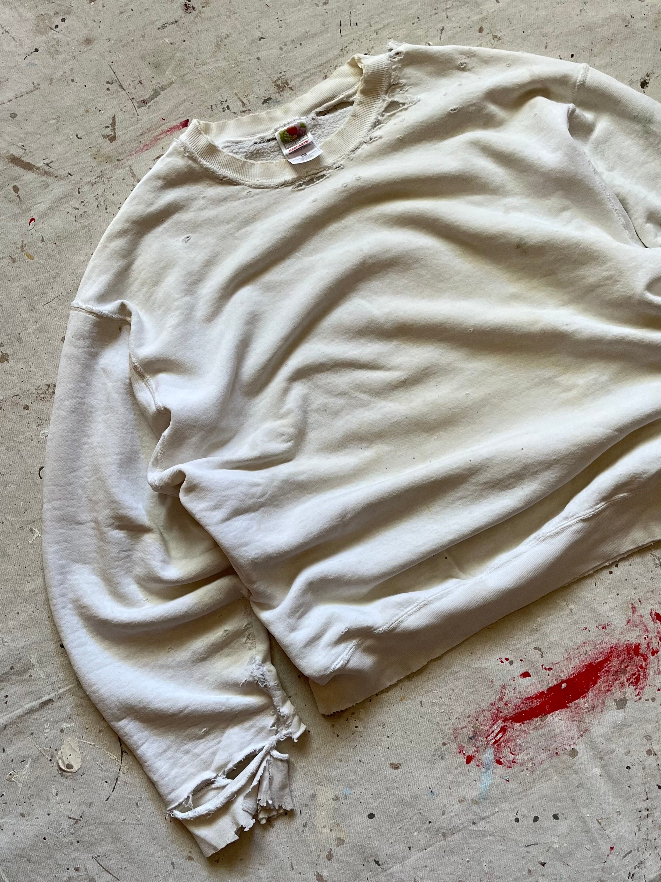 1990s Thrashed Distressed Blank Off White Sweatshirt - XL