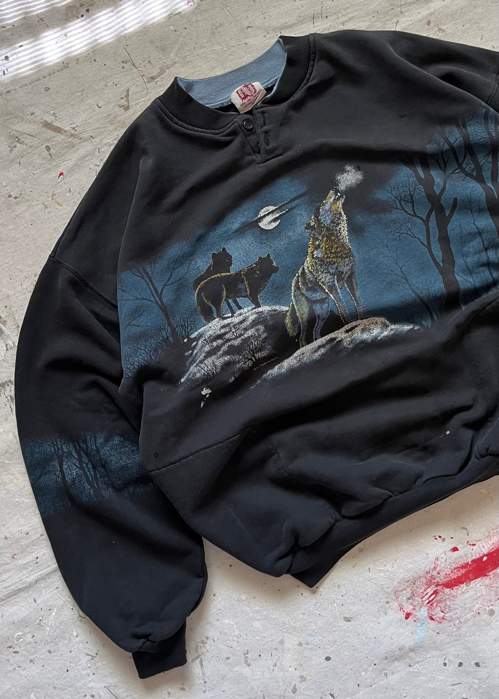 1990s Midnight Wolf All-Over Print Henley Sweatshirt