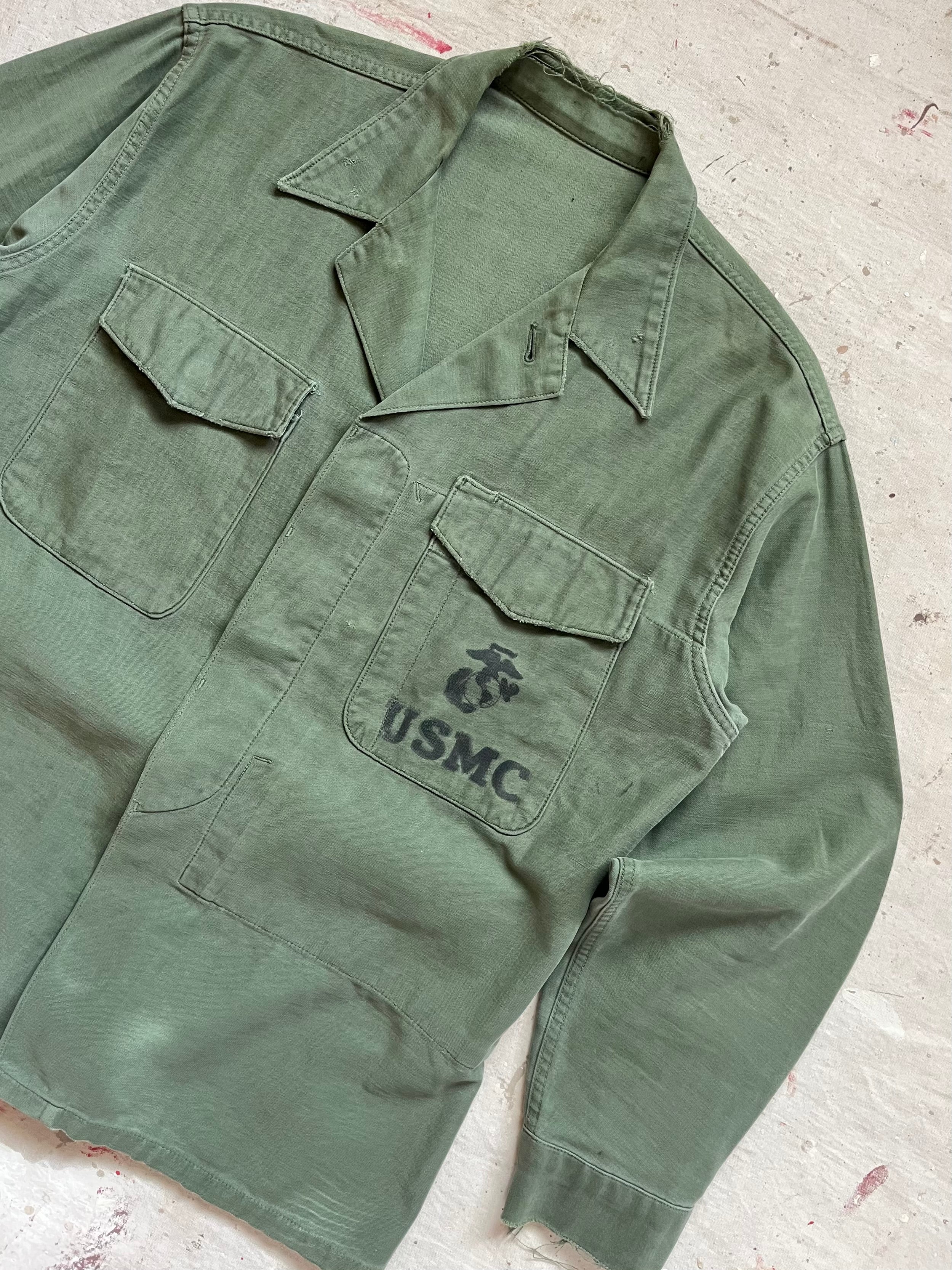 1960s Vietnam War USMC OG-107 Cotton Sateen Utility Shirt - EGA Stencil - L