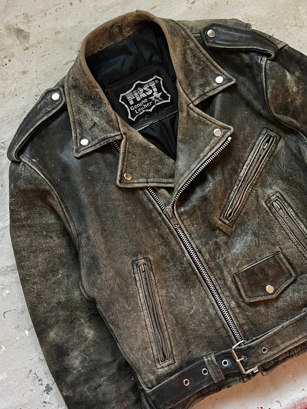 1990s Worn Patina Leather Biker Jacket - 42