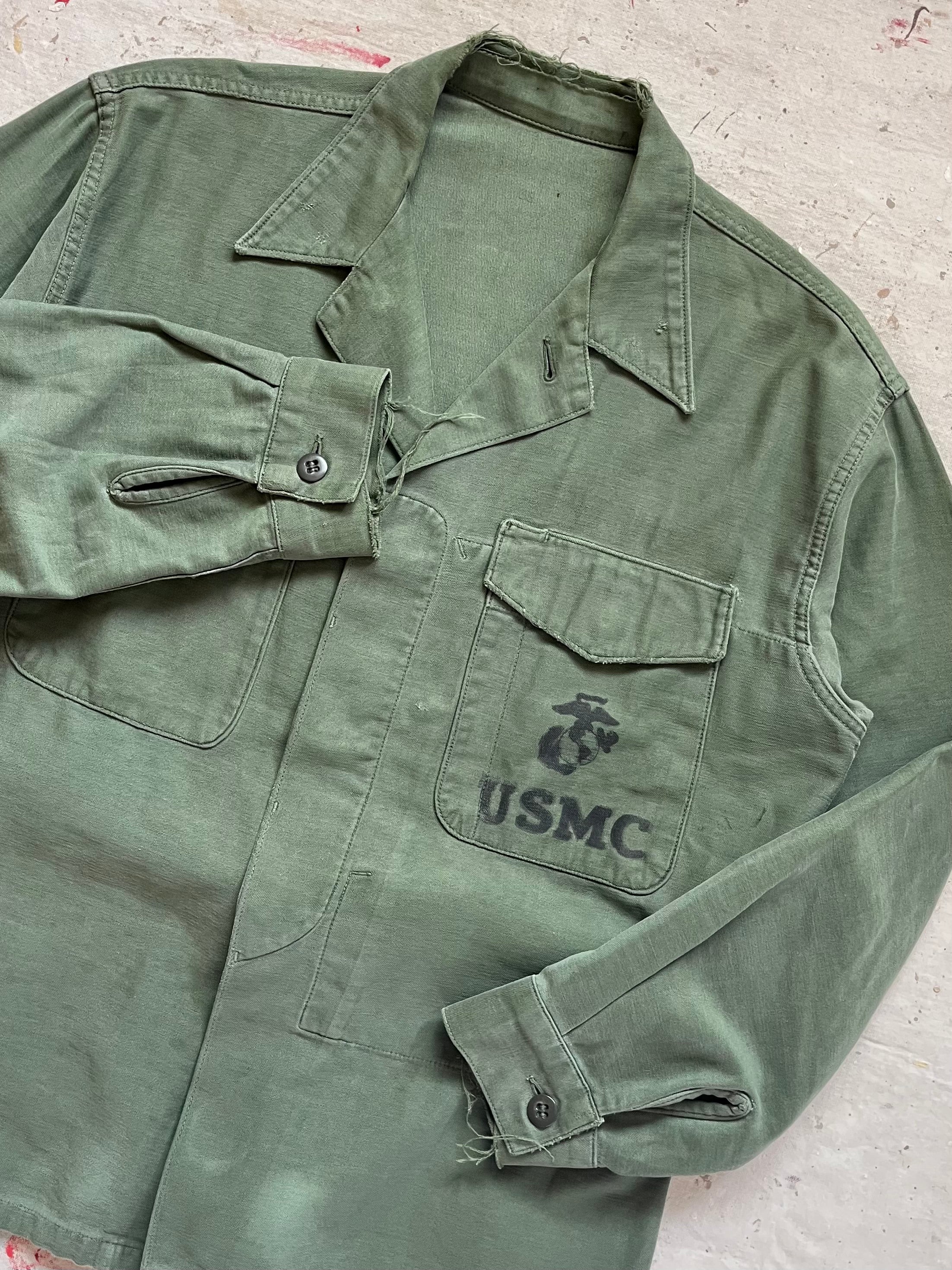 1960s Vietnam War USMC OG-107 Cotton Sateen Utility Shirt - EGA Stencil - L