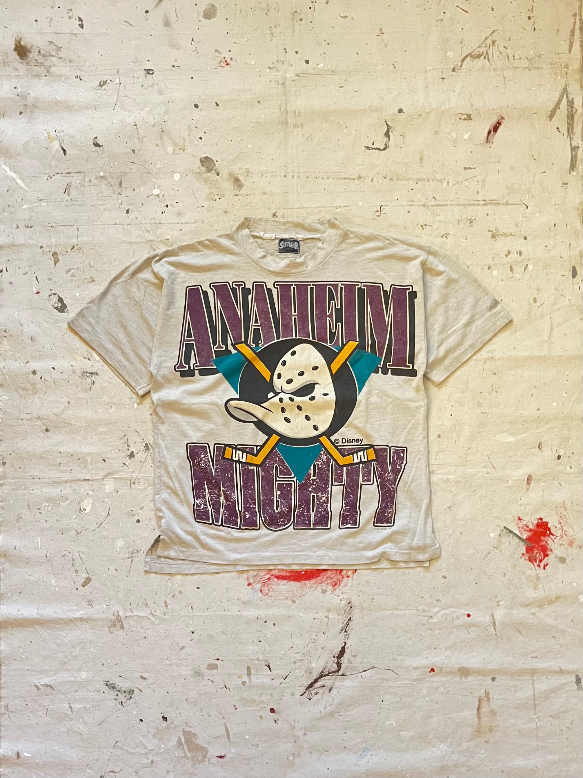 1990s Anaheim Mighty Ducks Distressed All Over Print T Shirt - XL